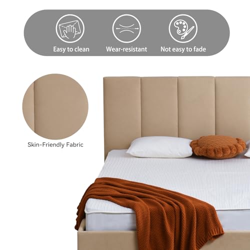 California King Size Lift-Up Storage Upholstered Platform Bed Beige J498340