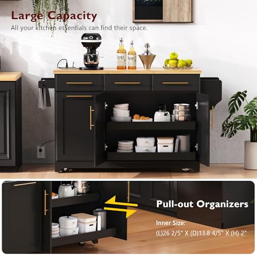 Black Farmhouse Kitchen Island with Drop Leaf, Barn Door, 3 Drawers, Adjustable Shelf, Spice Rack, 56" F706110