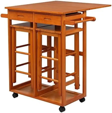 Drop Leaf Solid Wood Table and Stool Set with 2 Drawers A12314