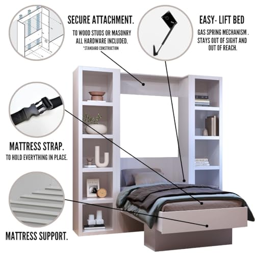 Queen Murphy Wall Bed in Brown Wood Grain with Two Bookshelves I264