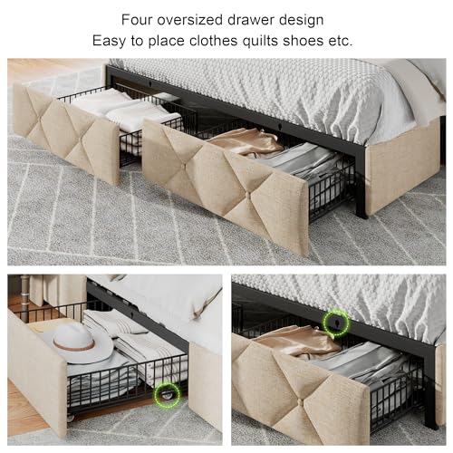 Light Grey Twin Upholstered Platform Bed Frame with 3 Storage Drawers G3722
