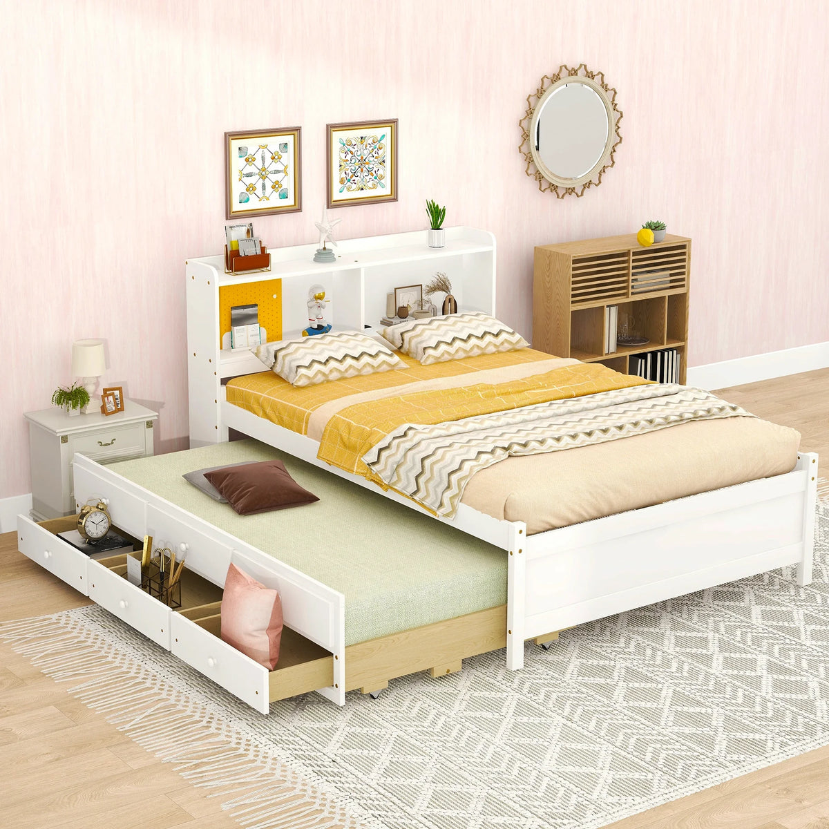 Full Size Bed with Bookcase Headboard, Trundle and Storage Drawers D93568