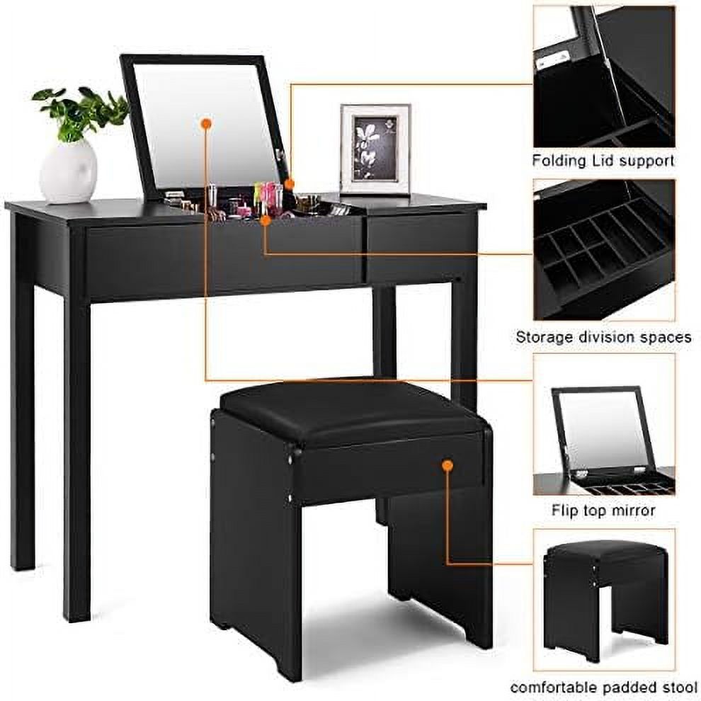 Black Vanity Set with Flip Top Mirror and Cushioned Stool E1516