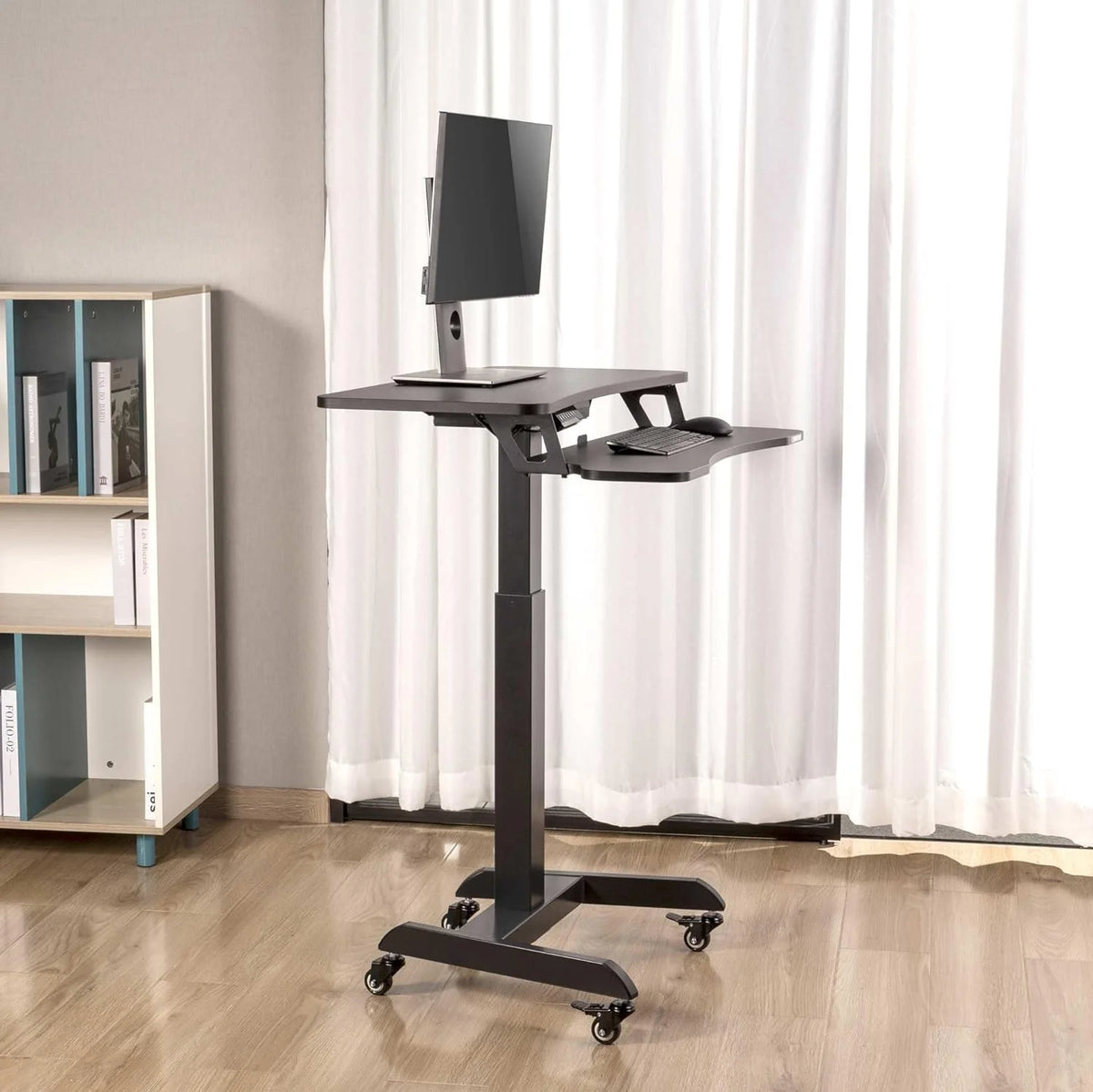 Height Adjustable Rolling Electric Podium Desk with Wheels, Keyboard Tray, Black M231