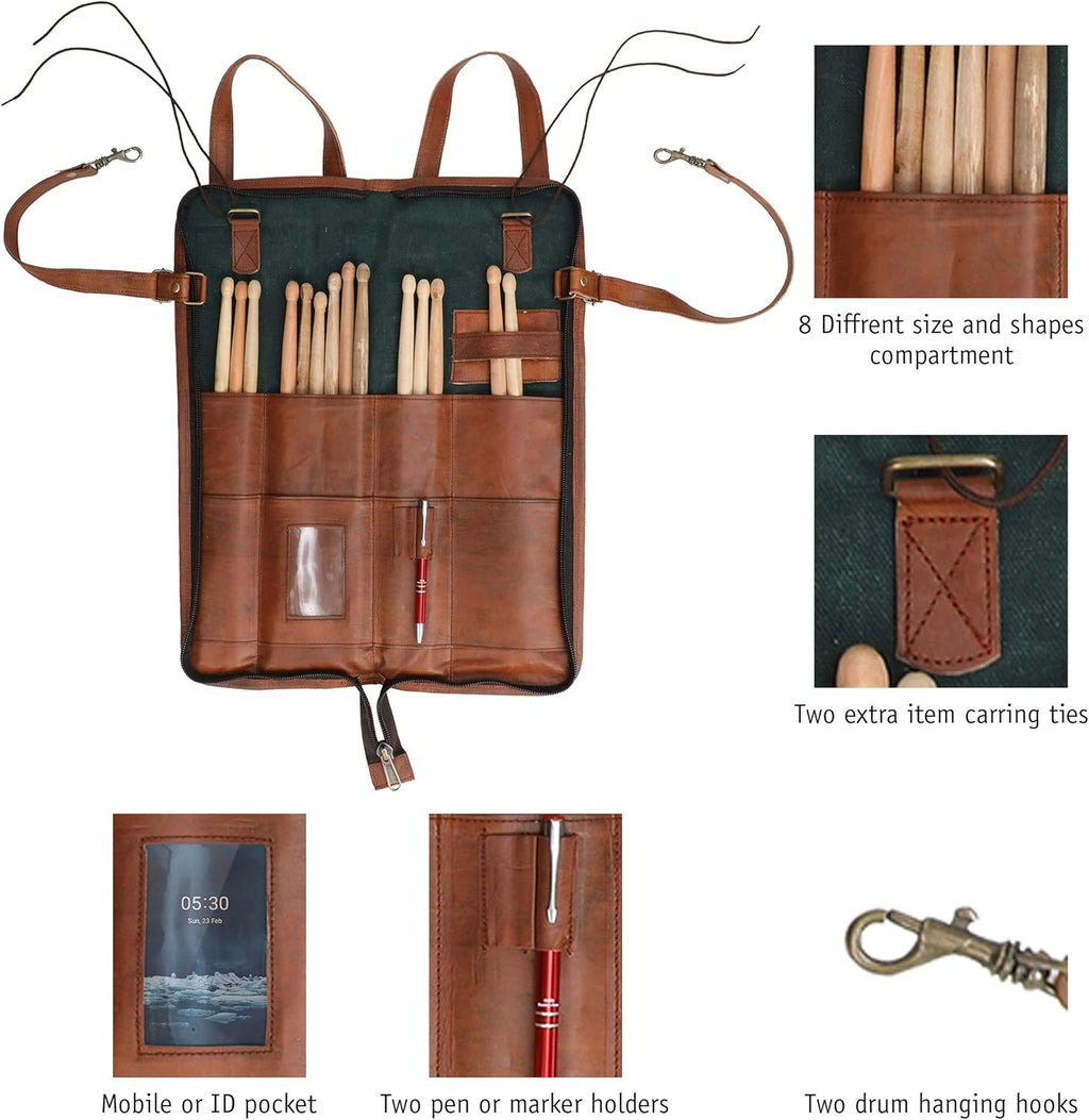 Leather Drumstick Bag Holds 10-12 Pairs Brown Z585404