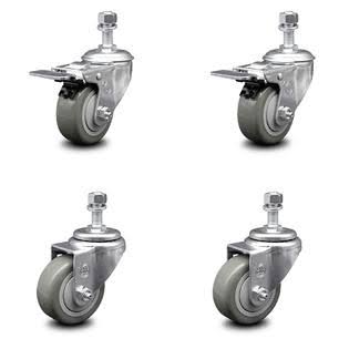 Polyurethane Swivel Threaded Stem Caster Set of 4, 3 inch Gray Wheels F910