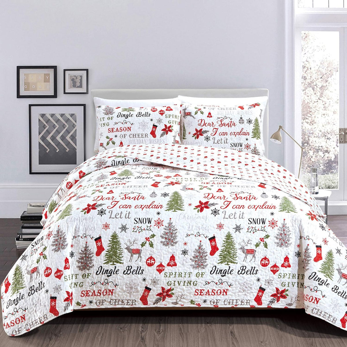 Forest Green 3-Piece Reversible Quilt Set with 2 Shams E241