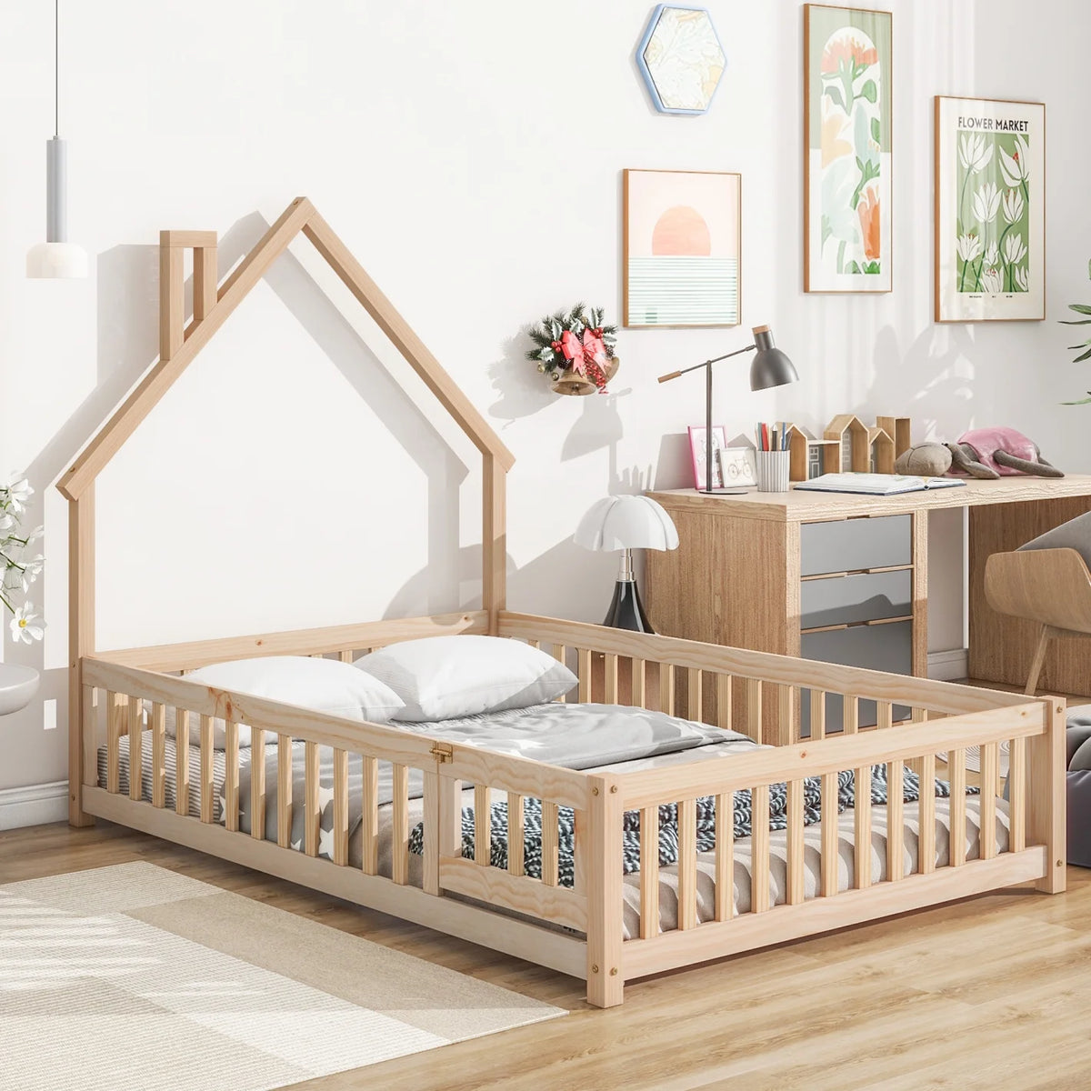 Grey Twin Size Wood Floor Bed with Fence O1829