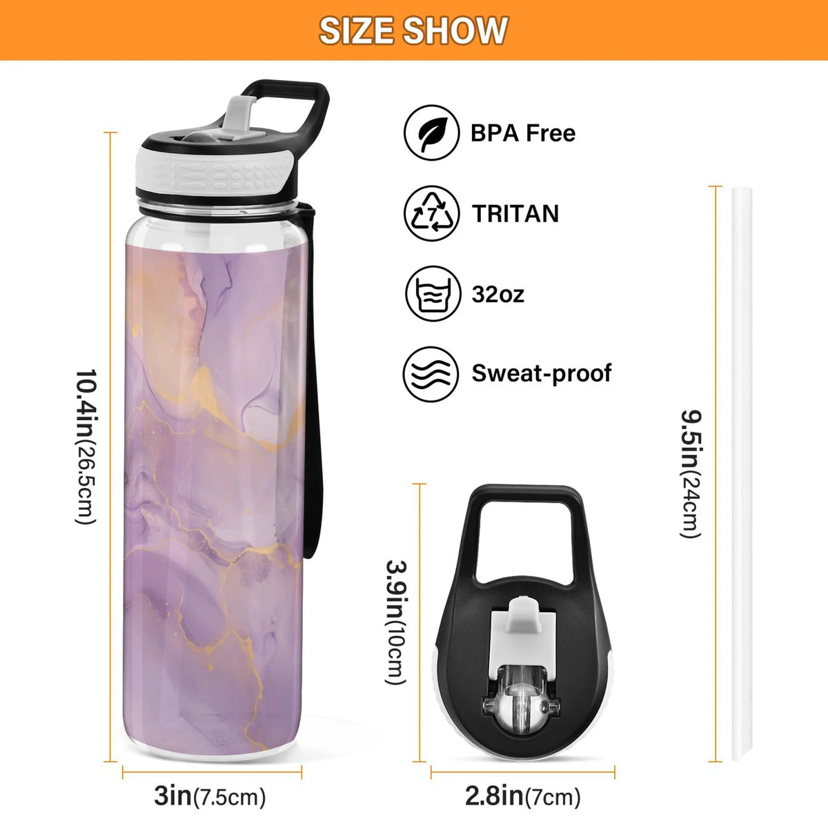 Purple and Gold Marble 32oz Tritan Leakproof Water Bottle with Straw K966811