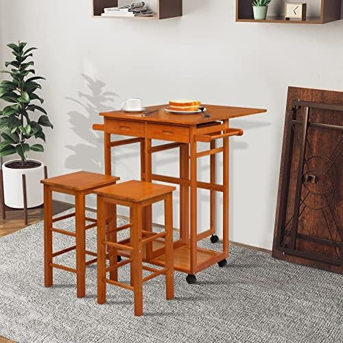 Drop Leaf Solid Wood Table and Stool Set with 2 Drawers A12314