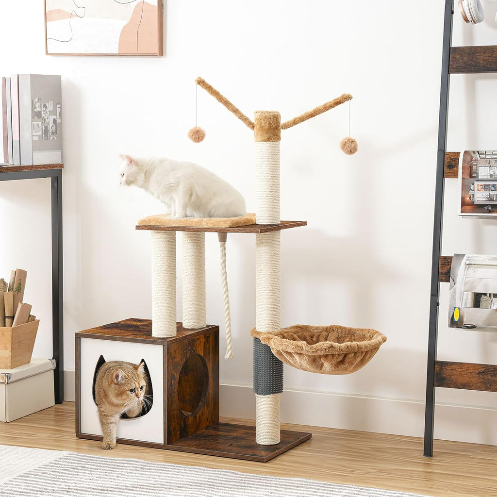 Rustic Brown Wooden Cat Tree with Scratching Posts Q43975