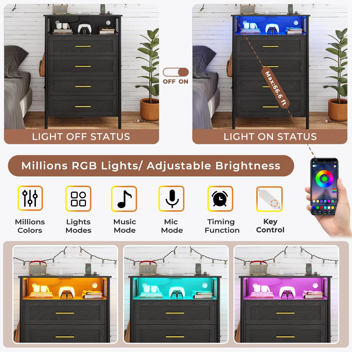 Black 4 Drawer Dresser with Charging Station W795954