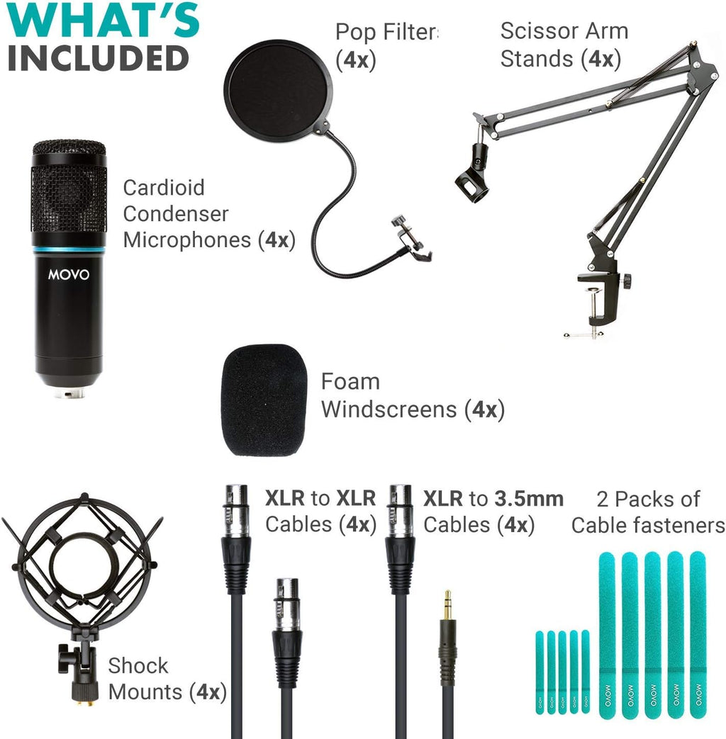 4-Pack XLR Condenser Microphone Bundle with Cardioid Mics, Desk Mount Stands, Shock Mounts, Pop Filters, and Audio Cables H886679