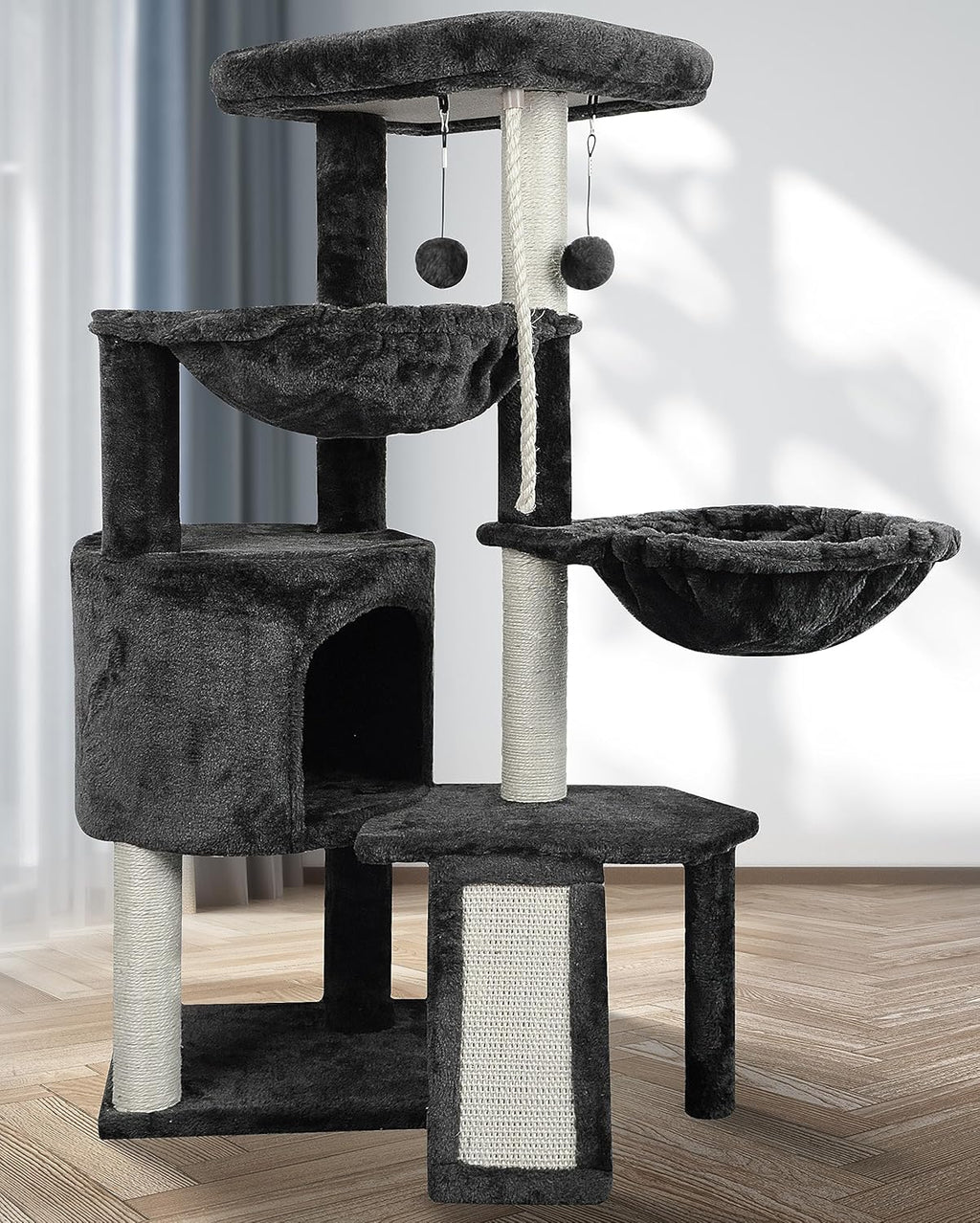 Darkgray Cat Tree with Cat Condo and Two Hammocks A11355