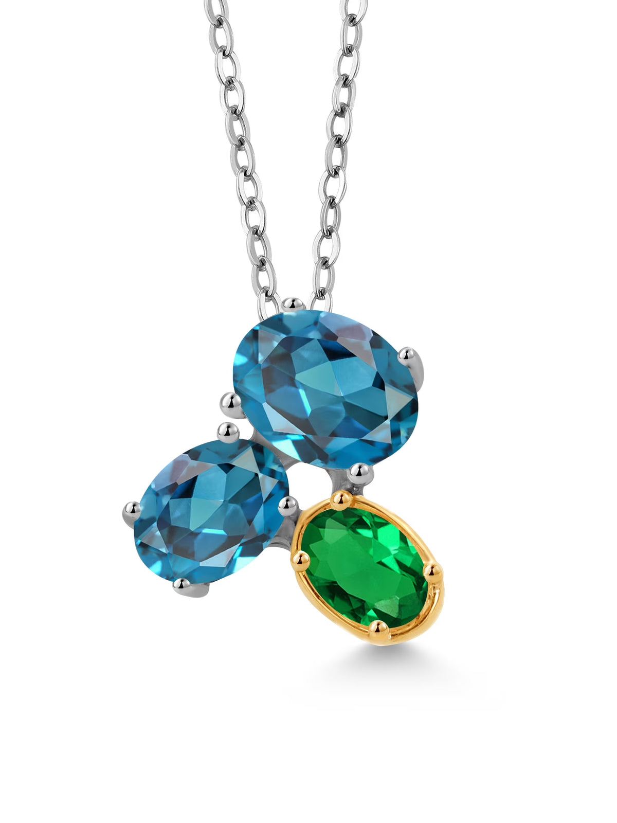 925 Silver 10K Yellow Gold London Blue Topaz Green Nano Emerald Pendant Necklace with 18 inch Chain K843