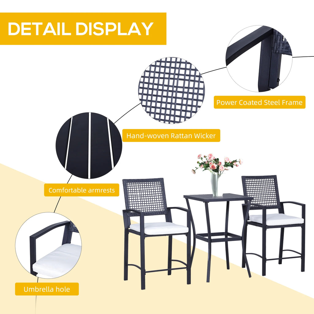 3 Pcs Rattan Wicker Patio Bar Set with Cushion T864789