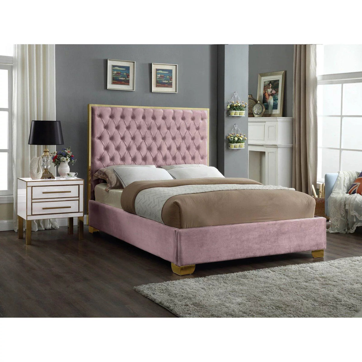 Solid Wood and Velvet King Bed in Navy B685