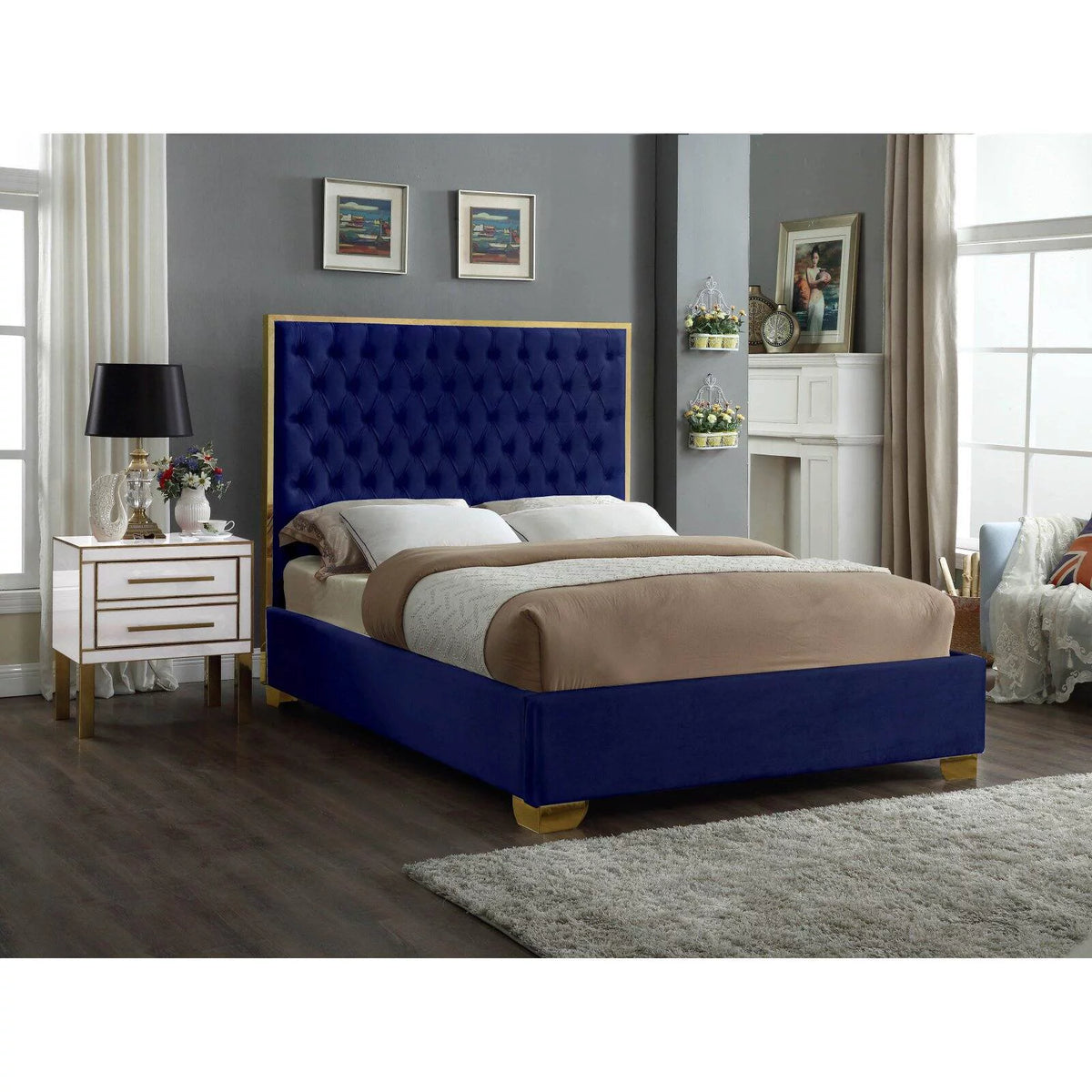 Solid Wood and Velvet King Bed in Navy B685