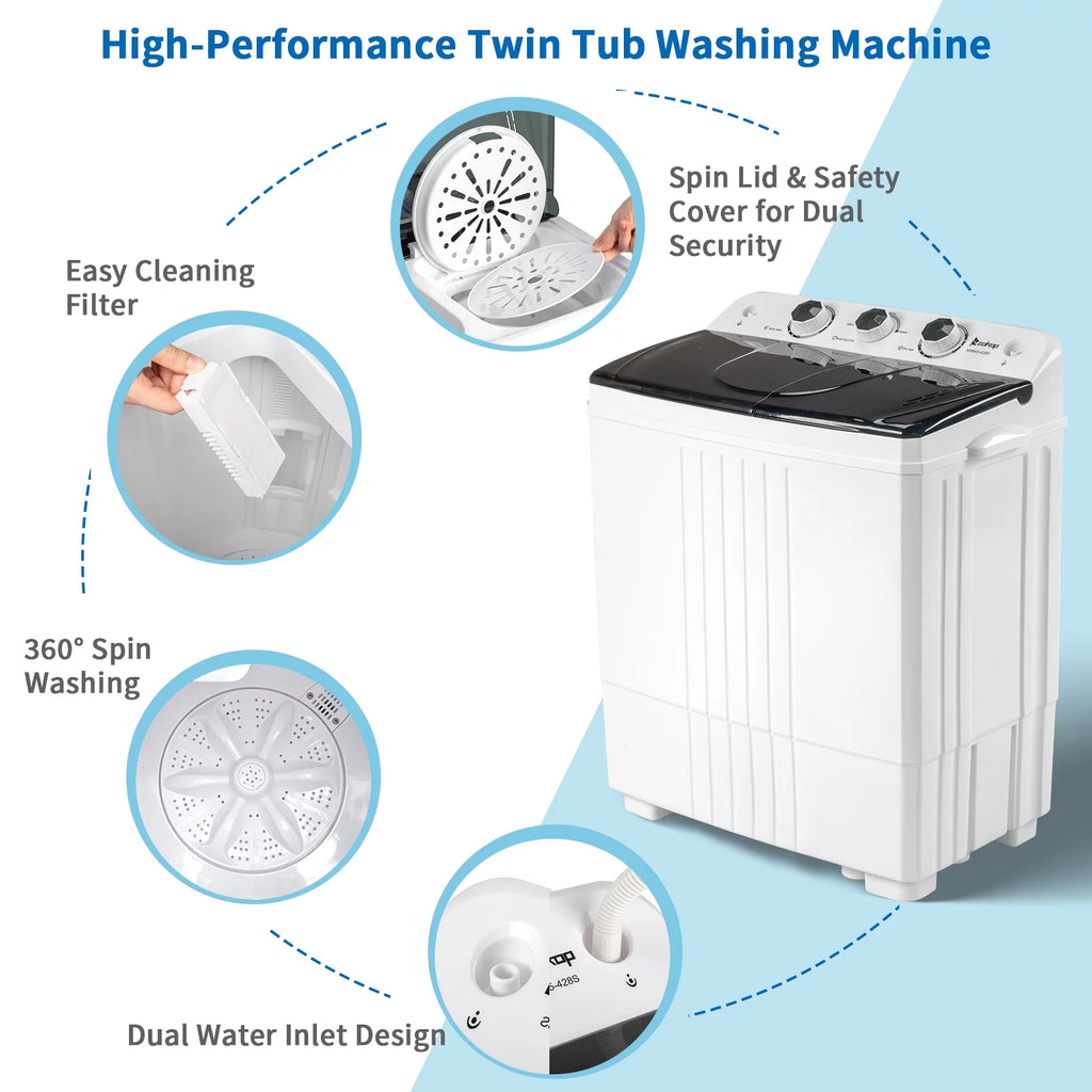 Compact Twin Tub Portable Mini Washing Machine with Drain Pump D386412