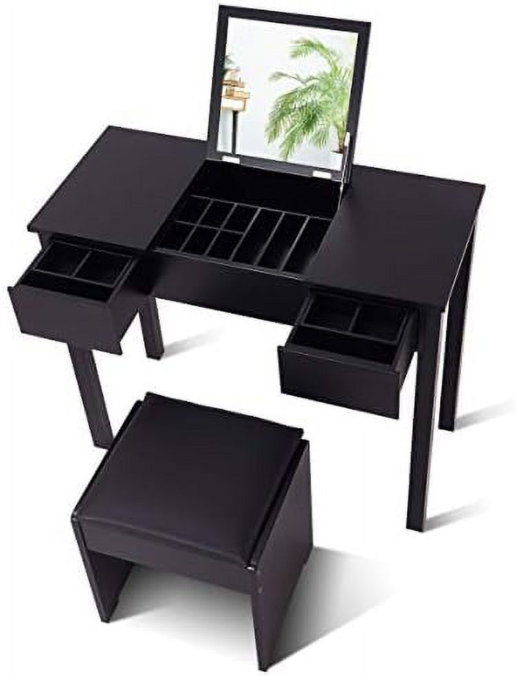 Black Vanity Set with Flip Top Mirror and Cushioned Stool E1516