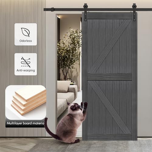 20 in x 84 in Elephant Gray Solid Wood Barn Door with Sliding Door Hardware Kit W732