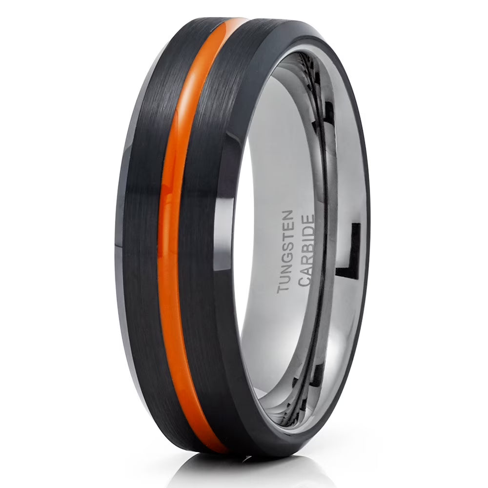 Orange Tungsten Wedding Band 6mm Black Tungsten Ring H40729