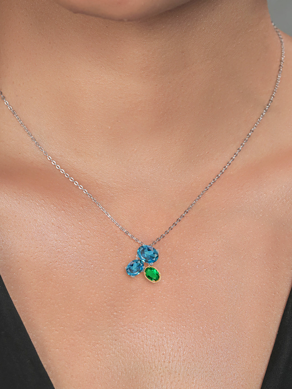 925 Silver 10K Yellow Gold London Blue Topaz Green Nano Emerald Pendant Necklace with 18 inch Chain K843