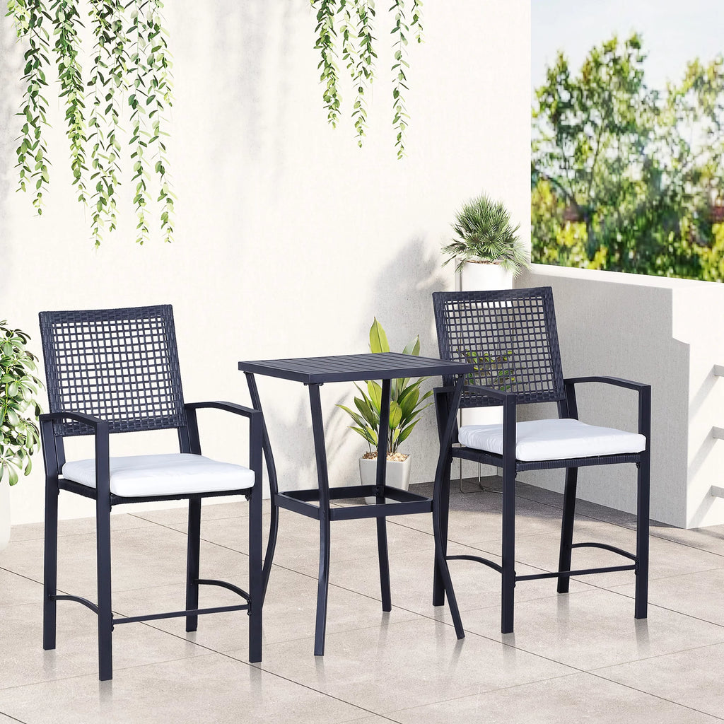 3 Pcs Rattan Wicker Patio Bar Set with Cushion T864789