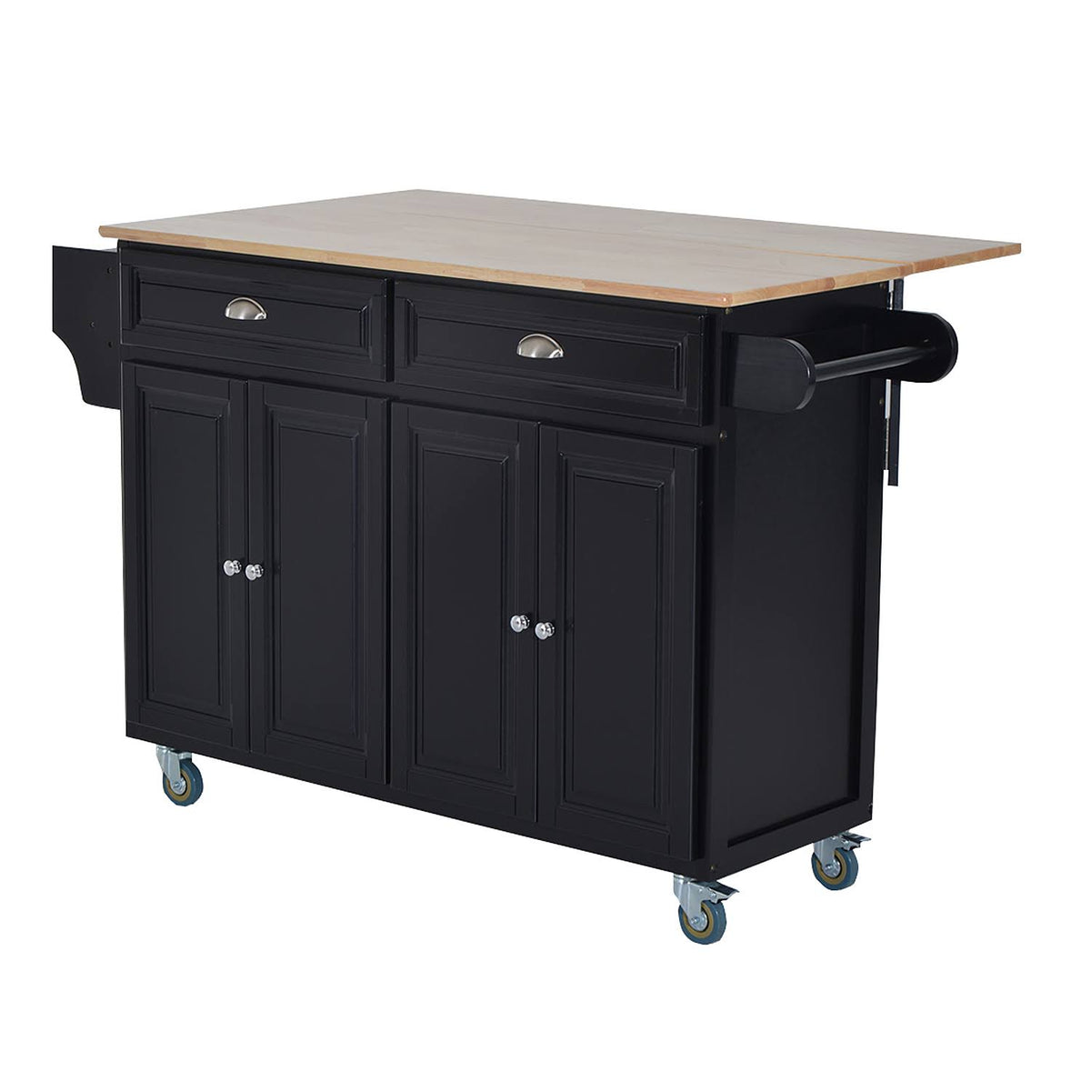Black Wood Top Rolling Kitchen Island Cart A8273