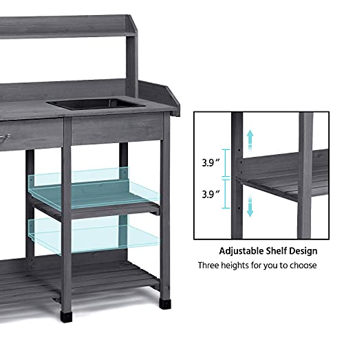 Natural Wood Potting Bench with Sink Drawer Rack Shelves L18044