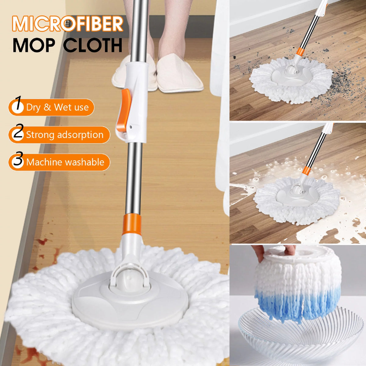 Spin Mop and Bucket System with Wringer Set, 6 Microfiber Mop Heads P31040
