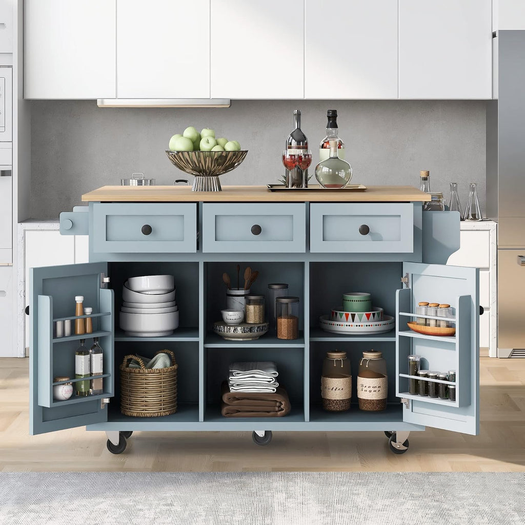 Blue Kitchen Cart with Rubber Wood Drop-Leaf Countertop D9175