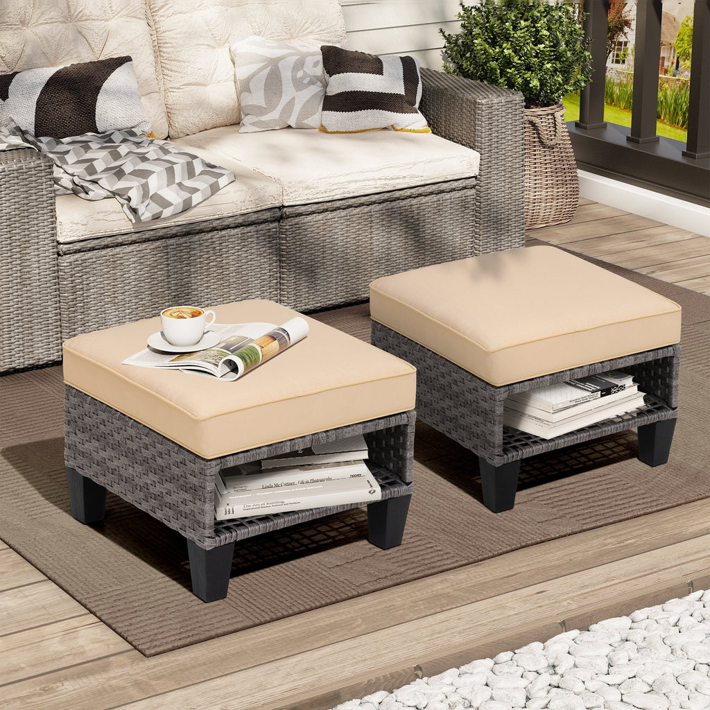 Square Rattan Storage Ottomans Set of 2 with Cushion V277896