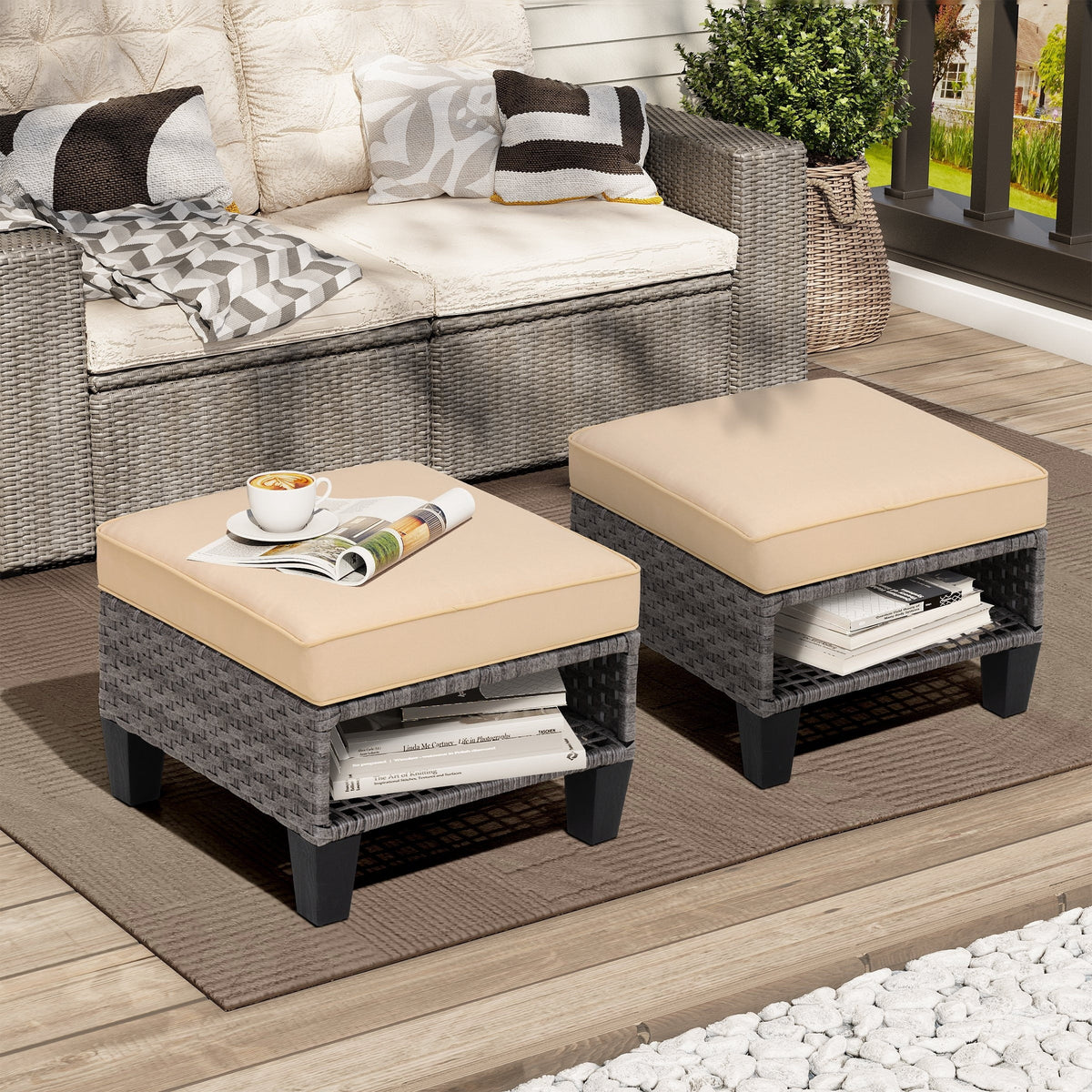 Square Rattan Storage Ottomans Set of 2 with Cushion V277896
