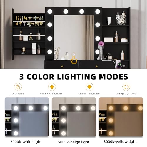 Black Makeup Vanity Desk with Mirror and Stool H3135