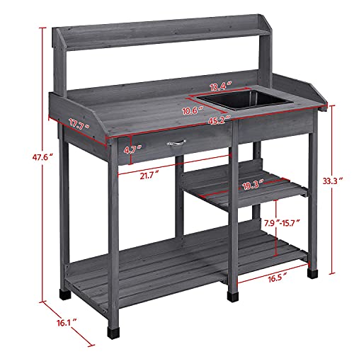 Natural Wood Potting Bench with Sink Drawer Rack Shelves L18044