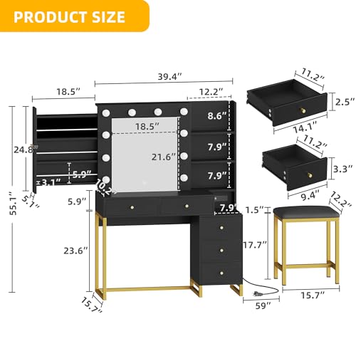 Black Makeup Vanity Desk with Mirror and Stool H3135