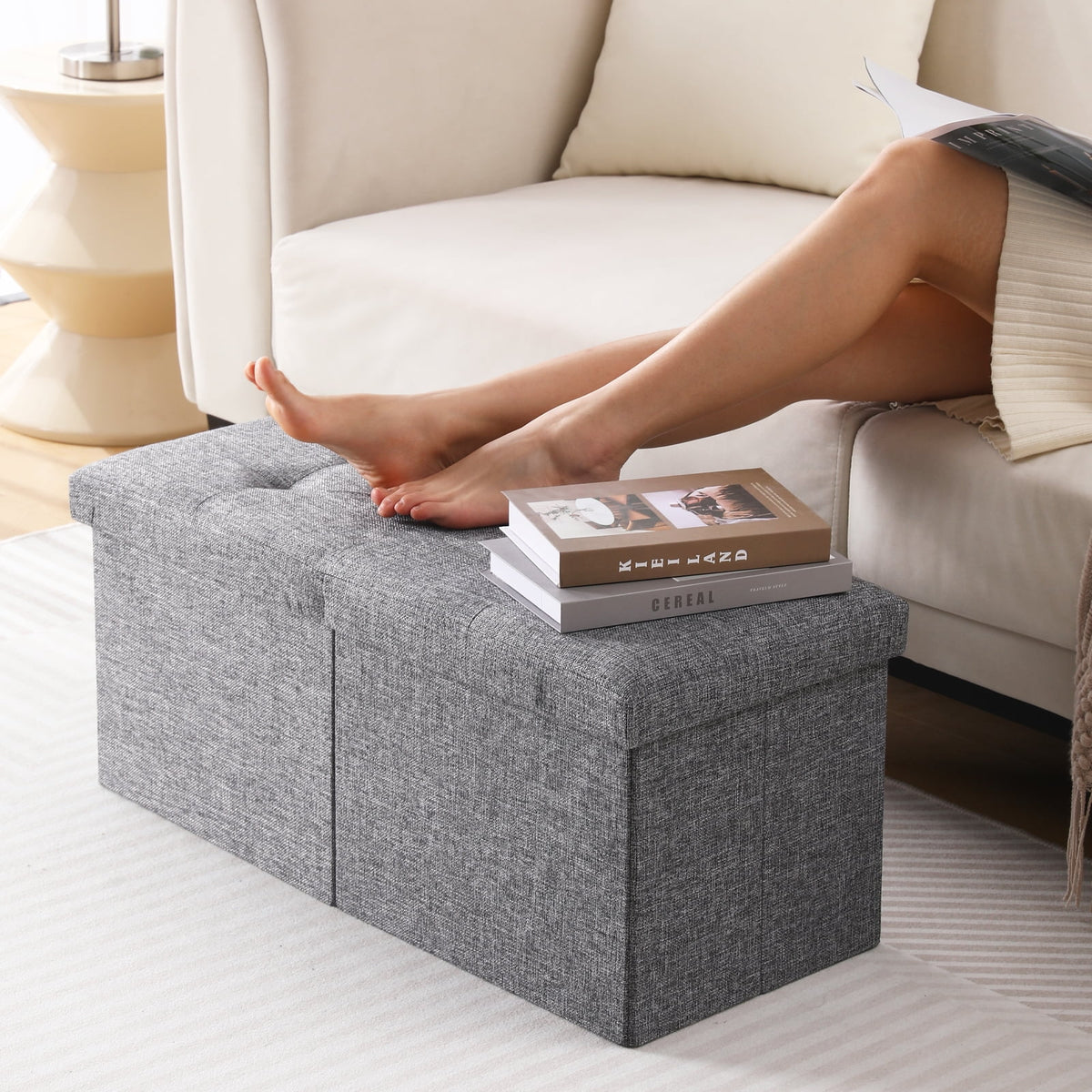 Linen Fabric Storage Ottoman Bench H9802