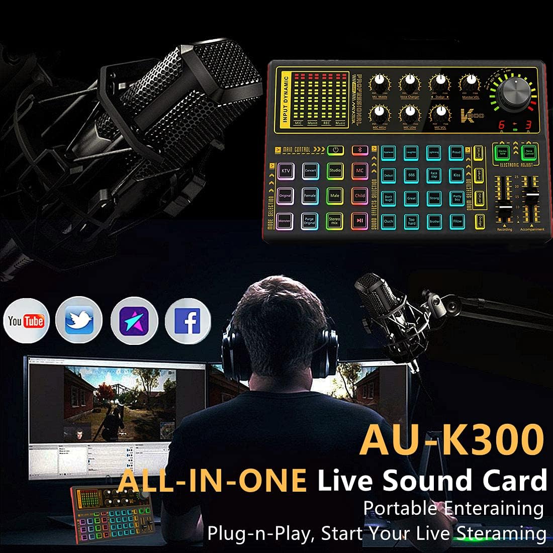 Professional Audio Mixer Sound Card with DJ Mixer Effects, Voice Changer and LED Light, Pack of 2 P61880