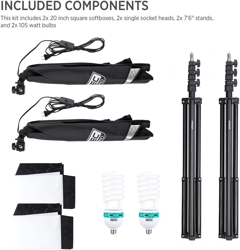 2-Light Fluorescent Studio Lighting Kit with 20"x20" Softboxes, 105W Bulbs & Light Stands J4045