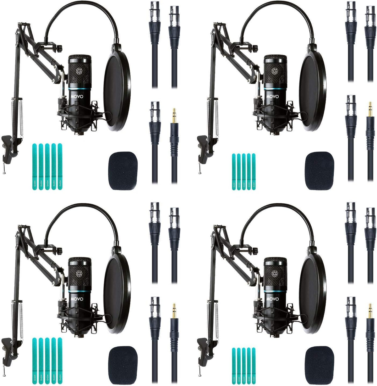 4-Pack XLR Condenser Microphone Bundle with Cardioid Mics, Desk Mount Stands, Shock Mounts, Pop Filters, and Audio Cables H886679
