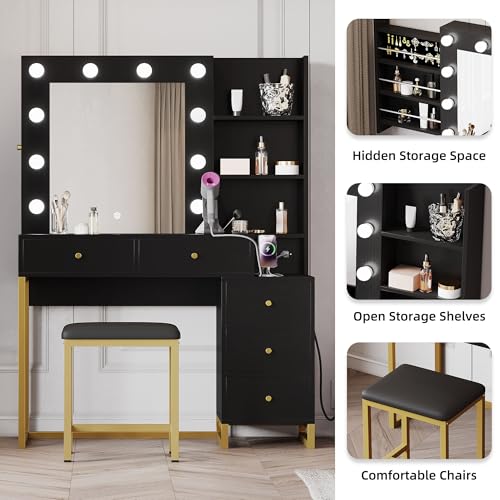 Black Makeup Vanity Desk with Mirror and Stool H3135