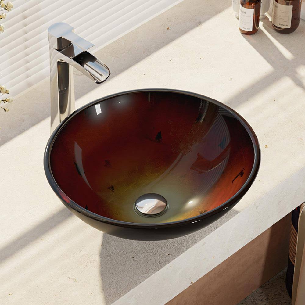 Foil Undertone Glass Vessel Sink with Chrome Faucet and Drain E9947