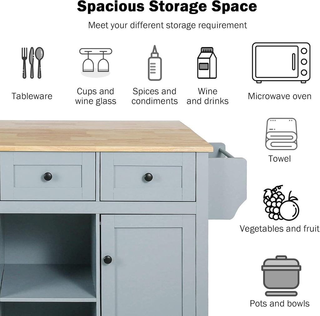 Blue Kitchen Cart with Rubber Wood Drop-Leaf Countertop D9175
