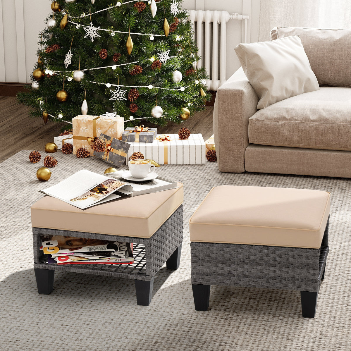 Square Rattan Storage Ottomans Set of 2 with Cushion V277896