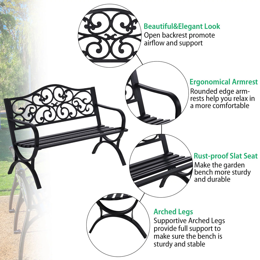 50" Outdoor Iron Cast Garden Park Bench - Black G72365