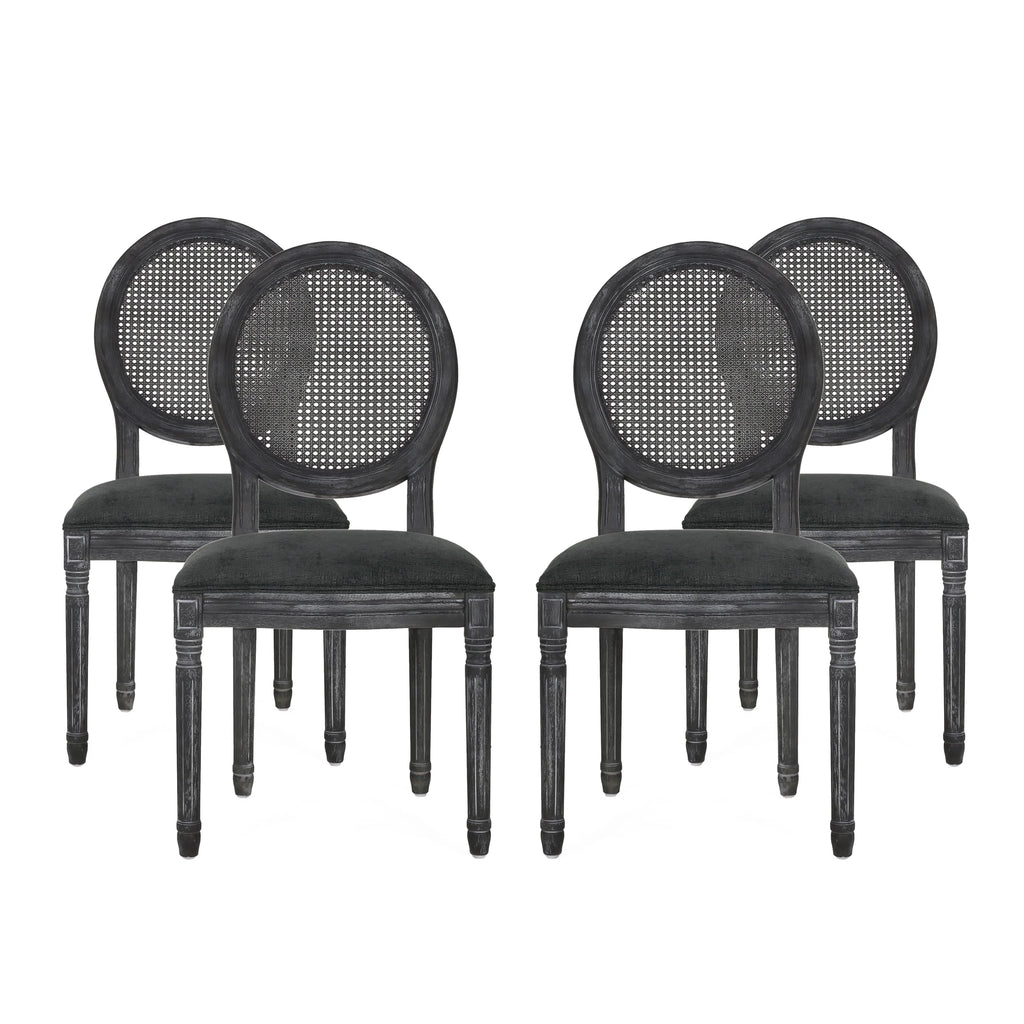 Upholstered Wood and Cane Dining Chairs, Set of 4 I5898