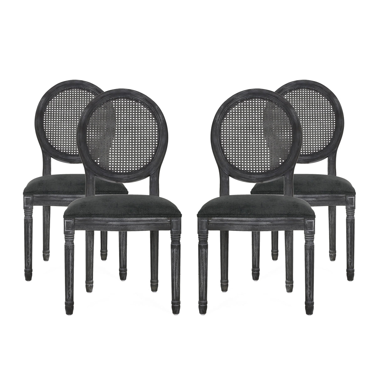 Upholstered Wood and Cane Dining Chairs, Set of 4 I5898