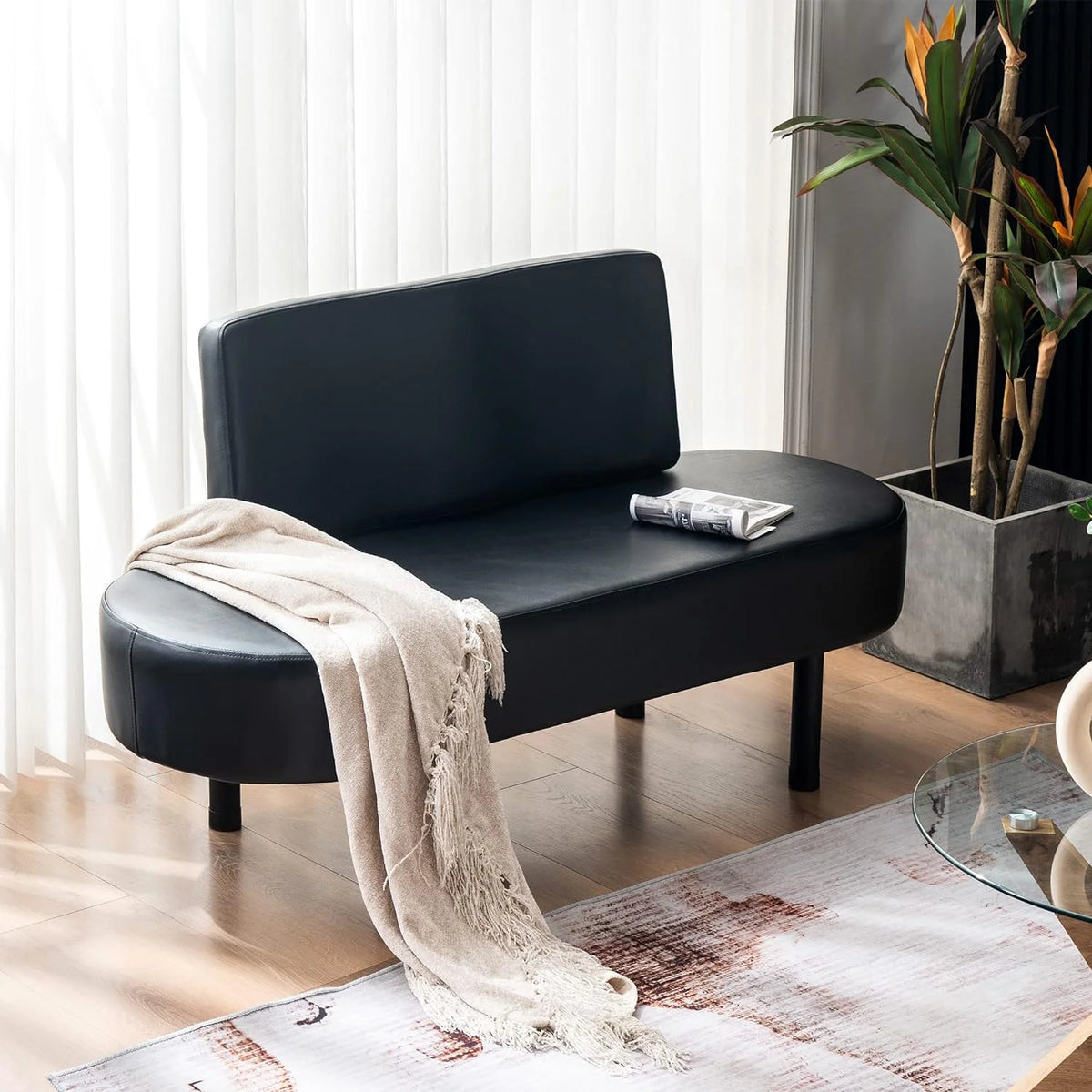 Black Leather Upholstered Bench with Backrest O157
