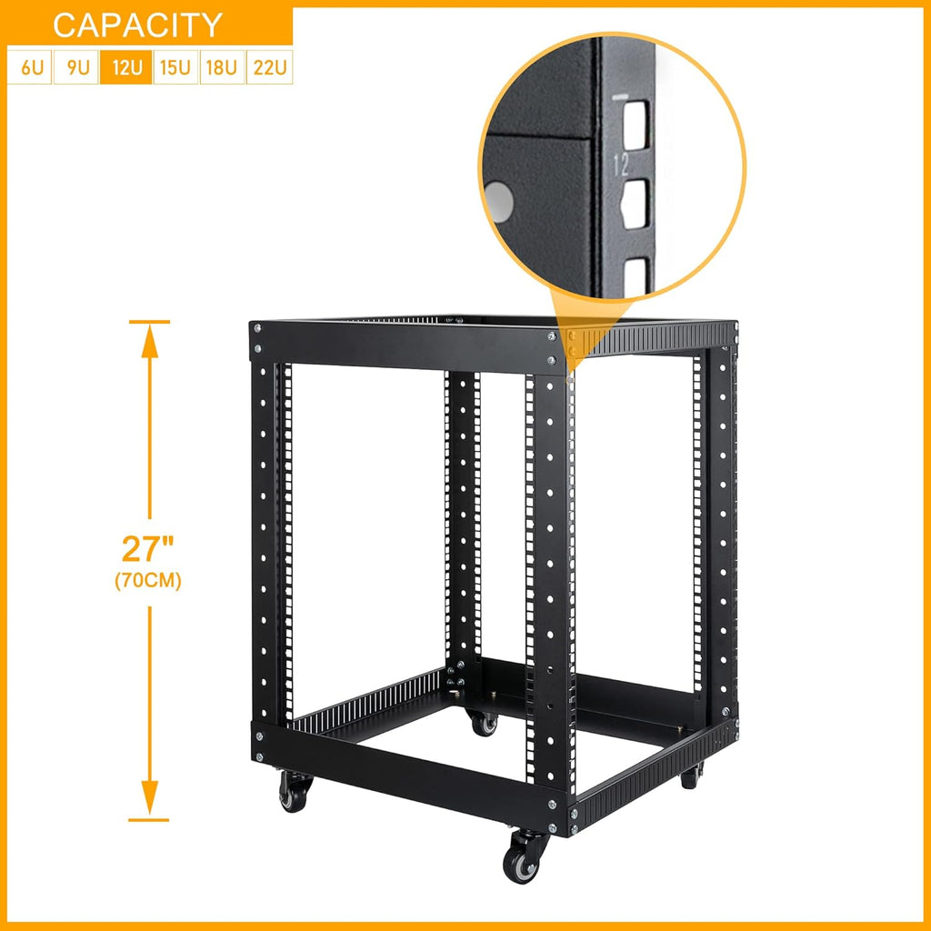 12U Open Frame Server Rack with Casters, 4 Post, 19-inch, Black T29443